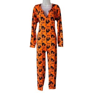 Fashion Nova Orange and Black Spooky Cat Halloween Pajama Onesie - Size 2x
